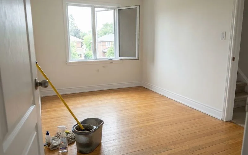 A tidy, sanitized room after a hoarding cleanup, with clear floors and organized shelving showing the finished result of a cleanup job