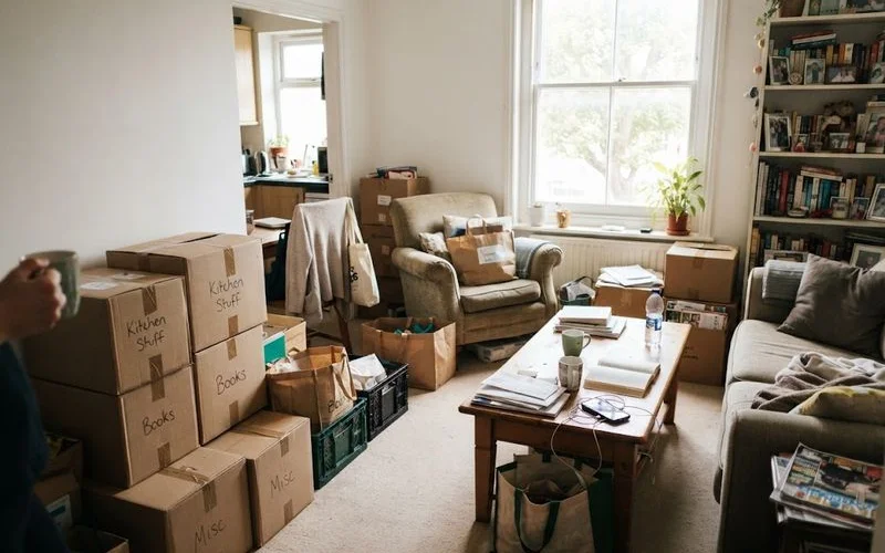 A cluttered room with items stacked on furniture and floors, illustrating the kind of accumulation associated with hoarding disorder