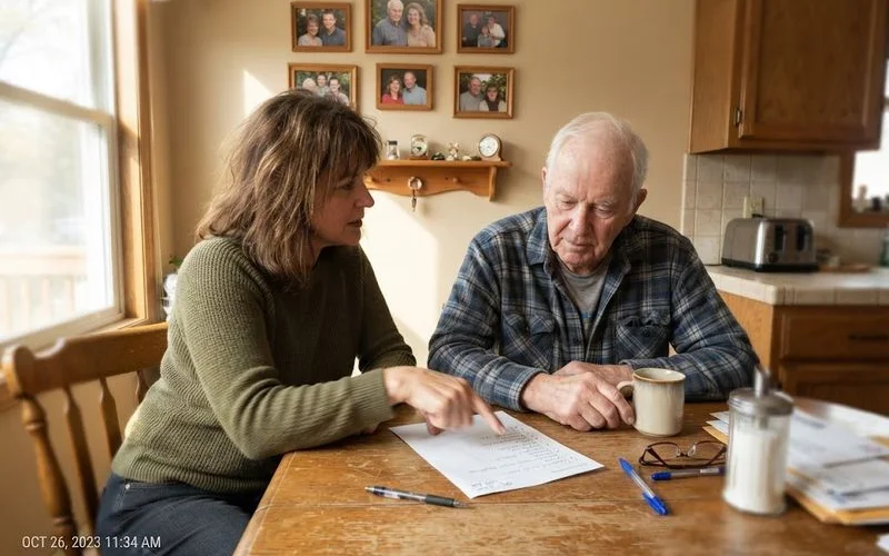 An adult child sitting with an older parent at a kitchen table having a calm conversation about home safety and clutter