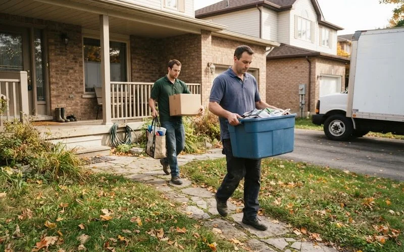A cleanup crew carrying sorted boxes and furniture out of a home during the removal stage of a hoarding cleanup job