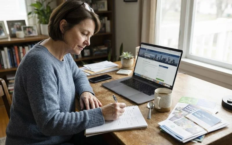 A person reviewing community assistance resources on a laptop at home, looking into local support options for cleanup costs