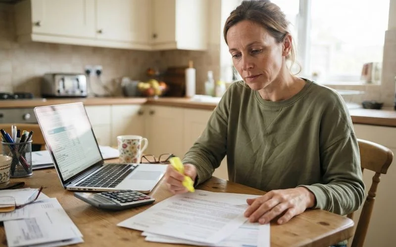 A person reviewing a home insurance policy document at a kitchen table, considering what cleanup costs might be covered