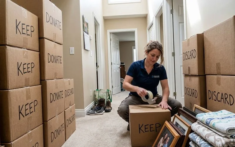 Boxes labelled keep, donate and dispose arranged in a sorted room during an estate cleanout, showing an organized approach to clearing a property