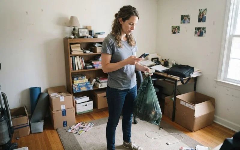 Two people comparing a checklist while deciding whether to rent a truck themselves or book a professional cleanup crew